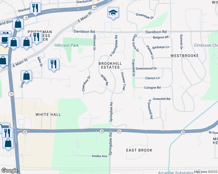 map of restaurants, bars, coffee shops, grocery stores, and more near 1290 Ridge Rd in Waukesha