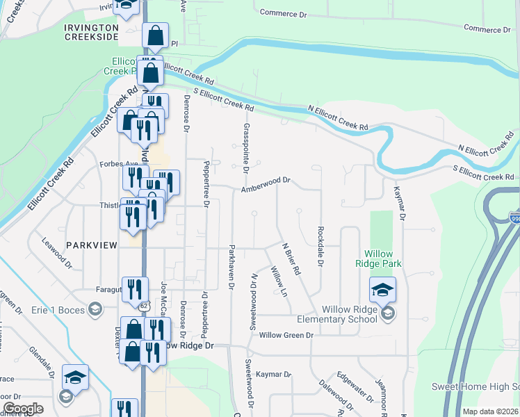 map of restaurants, bars, coffee shops, grocery stores, and more near 200 North Brier Road in Buffalo