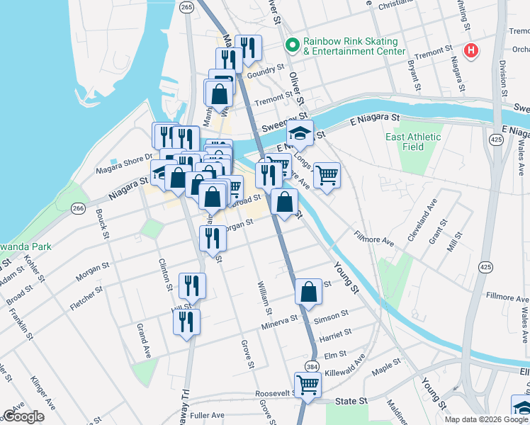 map of restaurants, bars, coffee shops, grocery stores, and more near 35 Delaware Street in Tonawanda