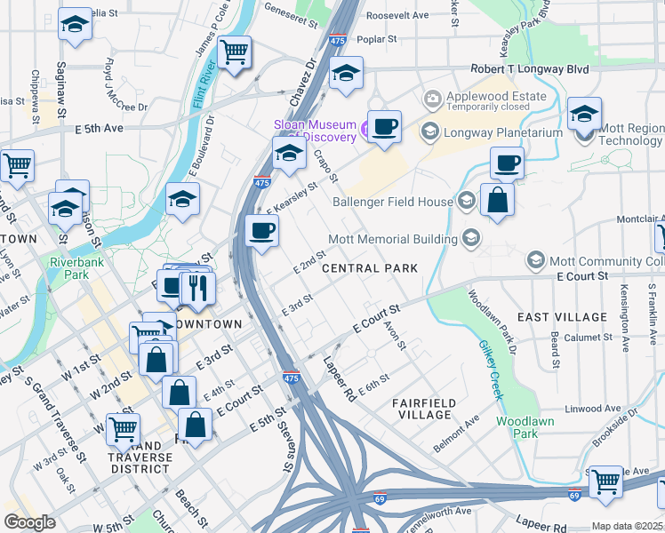map of restaurants, bars, coffee shops, grocery stores, and more near 617 Thomson Street in Flint