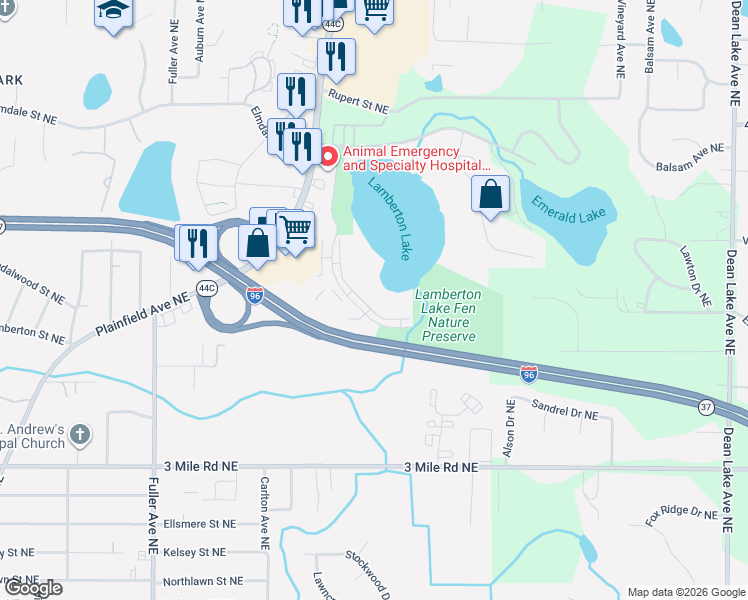 map of restaurants, bars, coffee shops, grocery stores, and more near 3116 Plaza Drive Northeast in Grand Rapids