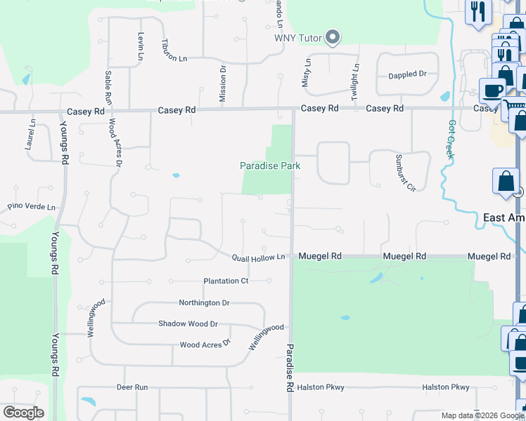 map of restaurants, bars, coffee shops, grocery stores, and more near 45 Red Wing Ct in East Amherst