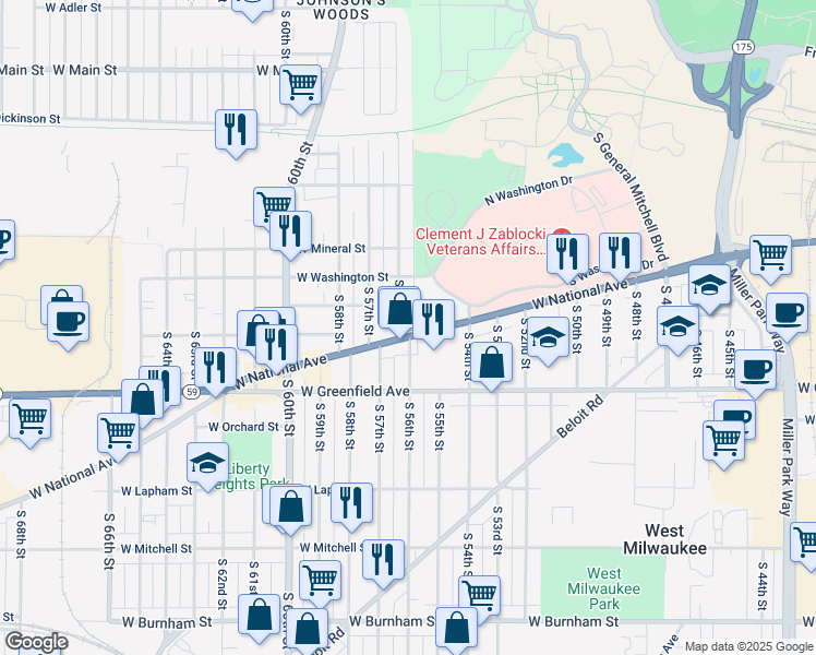 map of restaurants, bars, coffee shops, grocery stores, and more near 5538 West National Avenue in West Allis