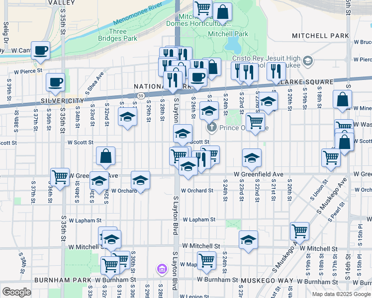 map of restaurants, bars, coffee shops, grocery stores, and more near 1222 South 26th Street in Milwaukee