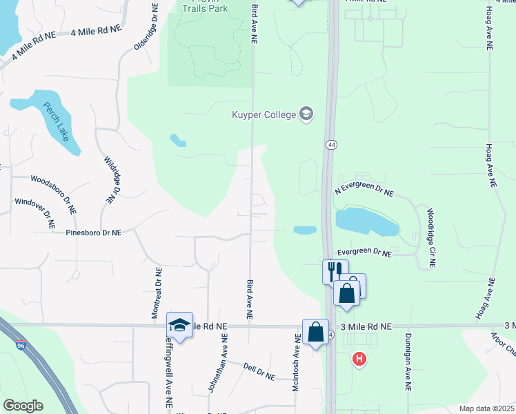 map of restaurants, bars, coffee shops, grocery stores, and more near 3102 Bird Avenue Northeast in Grand Rapids