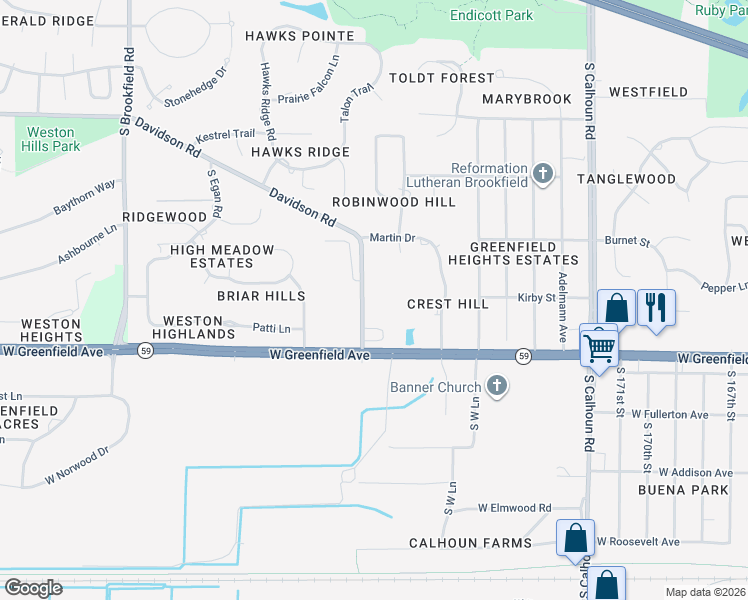 map of restaurants, bars, coffee shops, grocery stores, and more near 1250 Davidson Road in Brookfield