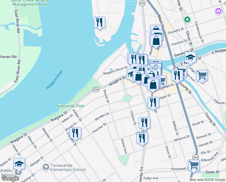 map of restaurants, bars, coffee shops, grocery stores, and more near 129 Adam Street in Tonawanda