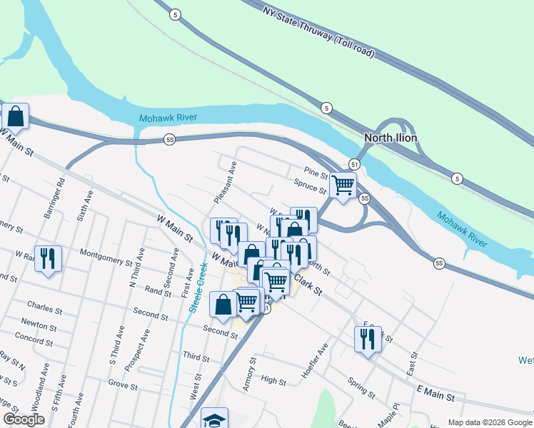 map of restaurants, bars, coffee shops, grocery stores, and more near 53 West River Street in Ilion