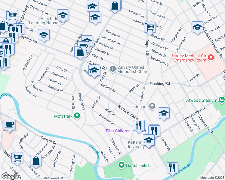 map of restaurants, bars, coffee shops, grocery stores, and more near 1018 Woodbridge Street in Flint