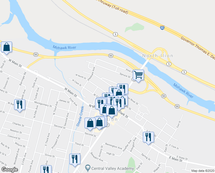 map of restaurants, bars, coffee shops, grocery stores, and more near 53 W River St in Ilion