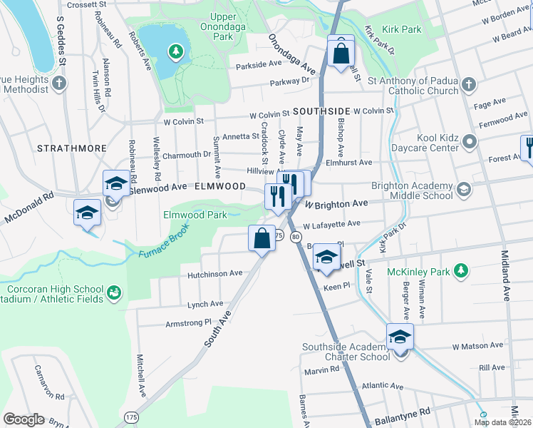 map of restaurants, bars, coffee shops, grocery stores, and more near 110 Elmwood Avenue in Syracuse
