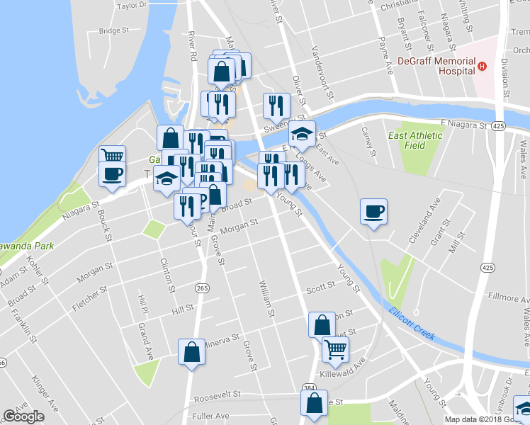 map of restaurants, bars, coffee shops, grocery stores, and more near 42 Morgan Street in Tonawanda
