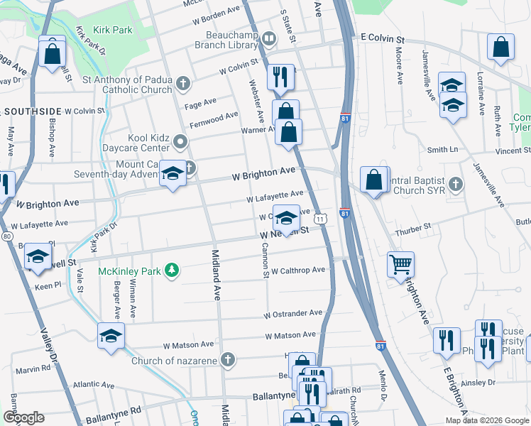 map of restaurants, bars, coffee shops, grocery stores, and more near 159-61 West Corning Avenue in Syracuse