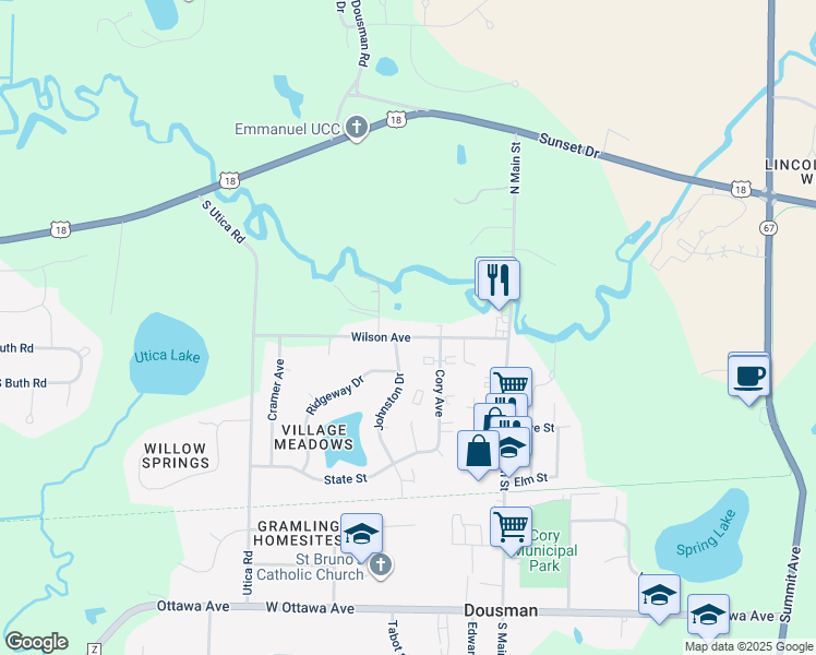 map of restaurants, bars, coffee shops, grocery stores, and more near 194 Wilson Avenue in Dousman
