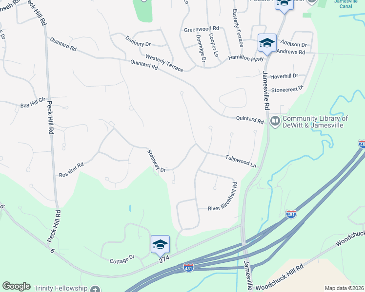 map of restaurants, bars, coffee shops, grocery stores, and more near 6247 Steinway Drive in Jamesville