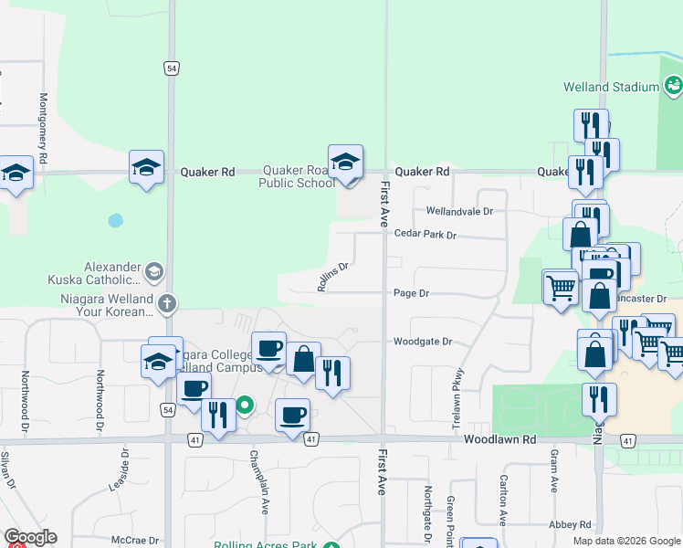 map of restaurants, bars, coffee shops, grocery stores, and more near in Welland