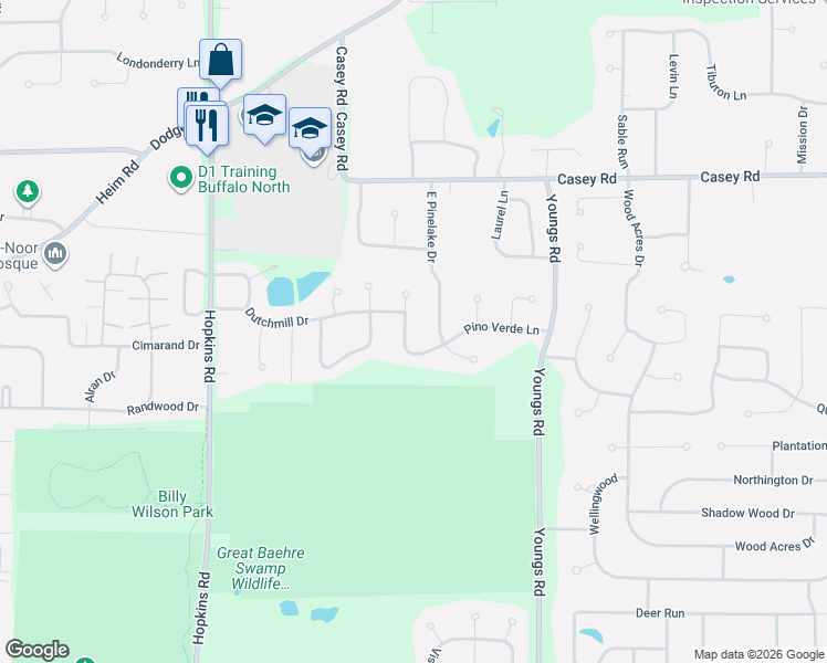 map of restaurants, bars, coffee shops, grocery stores, and more near 152 Pino Verde Lane in Buffalo