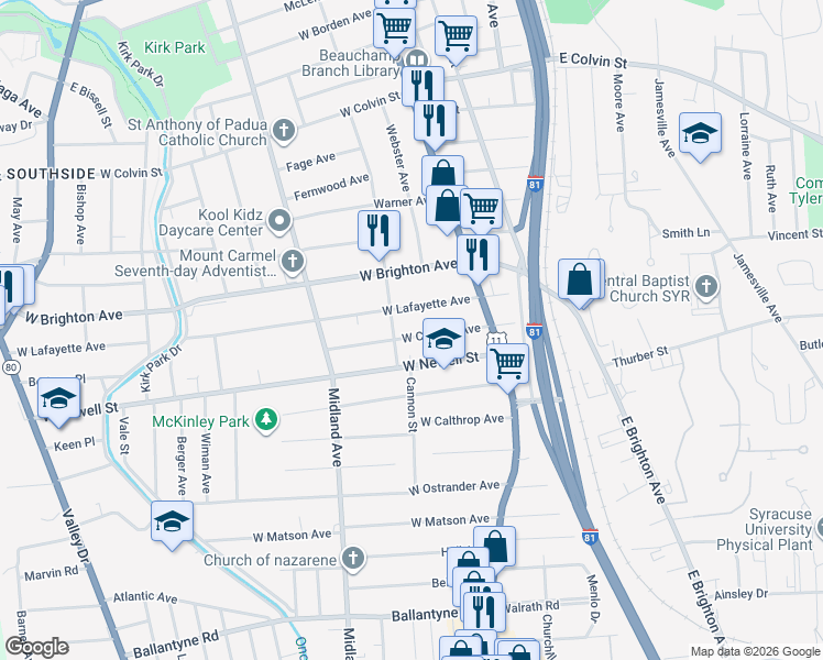 map of restaurants, bars, coffee shops, grocery stores, and more near 159-61 West Corning Avenue in Syracuse