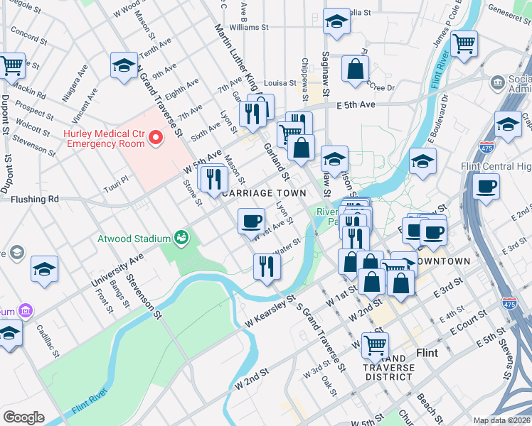 map of restaurants, bars, coffee shops, grocery stores, and more near 414 Mason Street in Flint