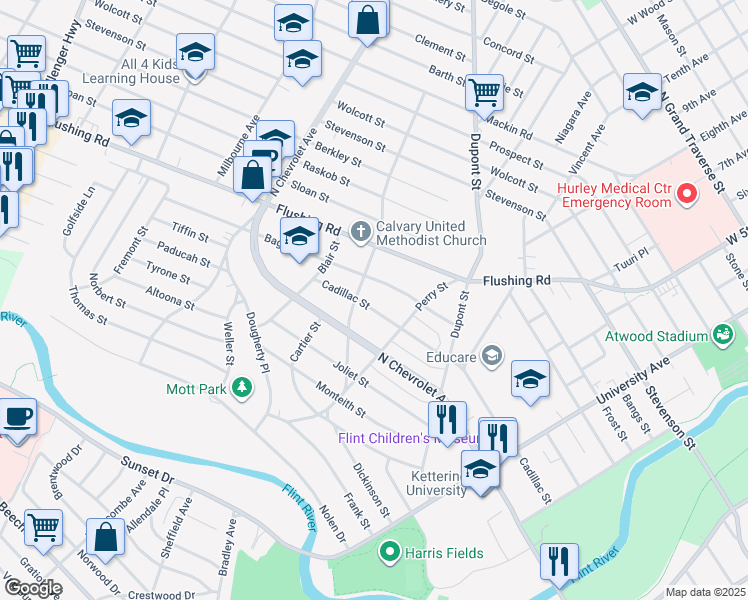 map of restaurants, bars, coffee shops, grocery stores, and more near 1018 Woodbridge Street in Flint