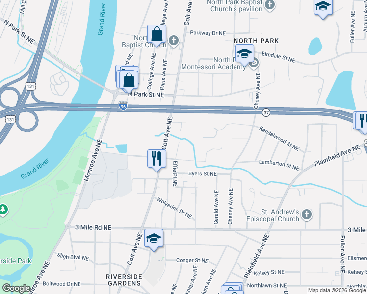 map of restaurants, bars, coffee shops, grocery stores, and more near 655 Lamberton Street Northeast in Grand Rapids