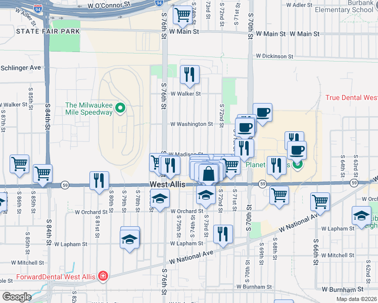 map of restaurants, bars, coffee shops, grocery stores, and more near 7408 West Madison Street in West Allis