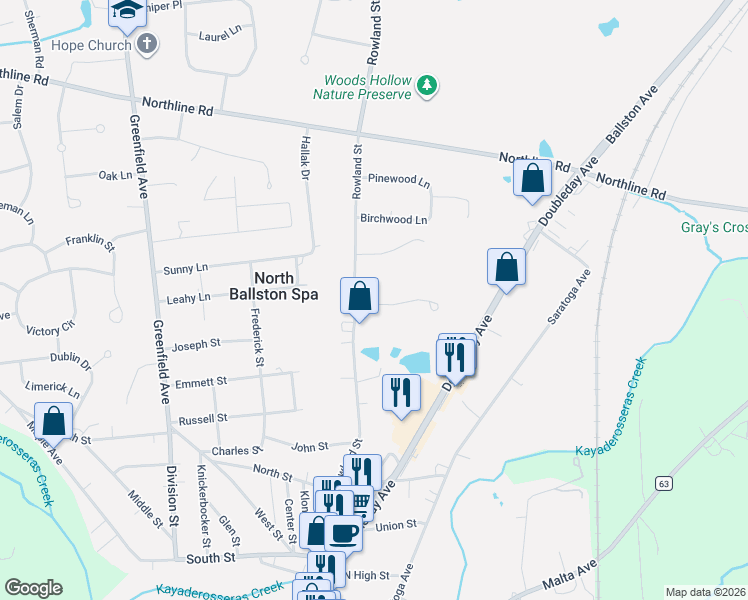 map of restaurants, bars, coffee shops, grocery stores, and more near 98 Rowland Street in Ballston Spa