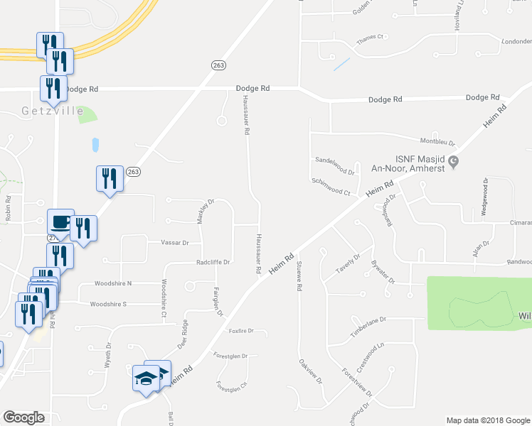 map of restaurants, bars, coffee shops, grocery stores, and more near 115 Haussauer Road in Getzville