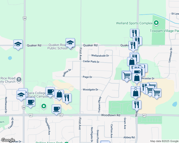 map of restaurants, bars, coffee shops, grocery stores, and more near 17 Whiteoak Crescent in Welland