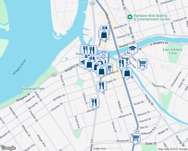 map of restaurants, bars, coffee shops, grocery stores, and more near 101 Broad Street in Tonawanda