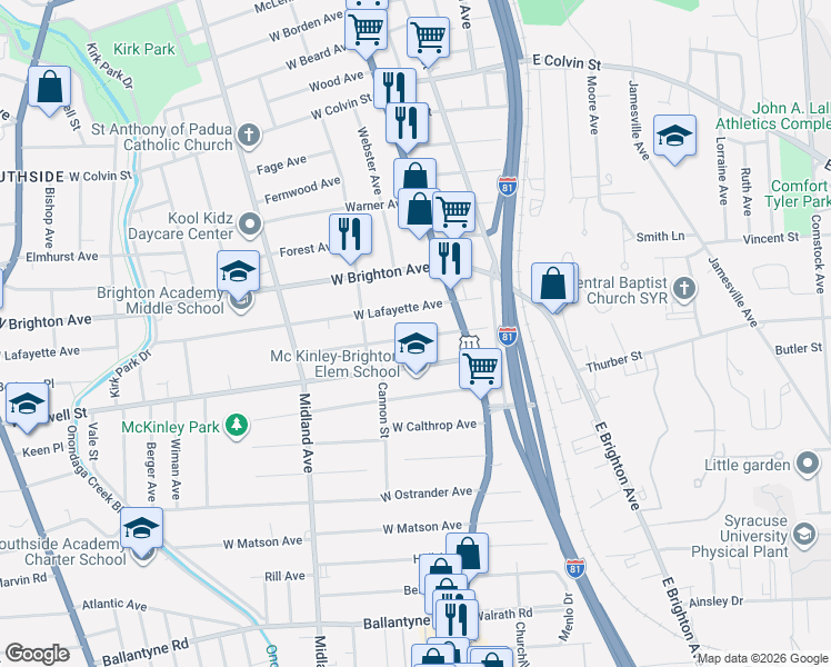 map of restaurants, bars, coffee shops, grocery stores, and more near 159-61 West Corning Avenue in Syracuse