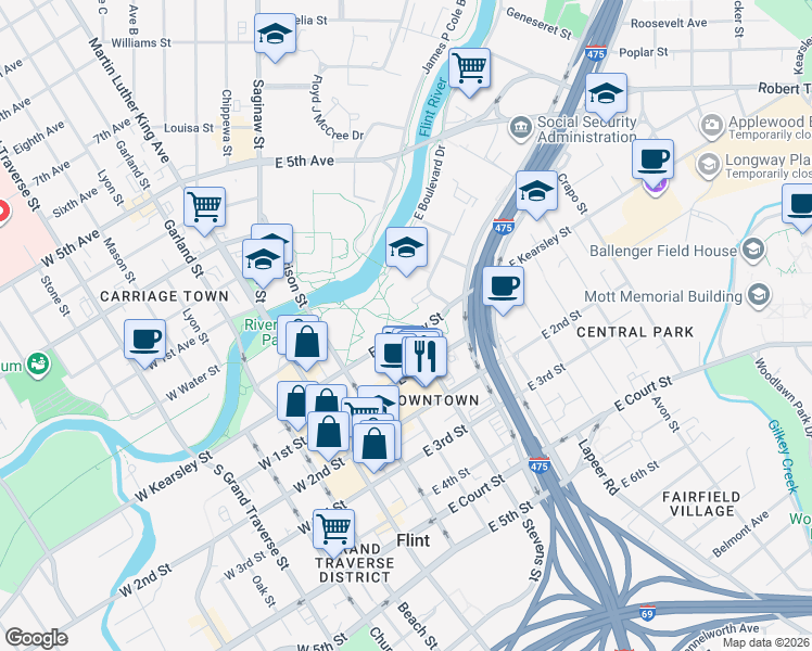 map of restaurants, bars, coffee shops, grocery stores, and more near 415 East Kearsley Street in Flint