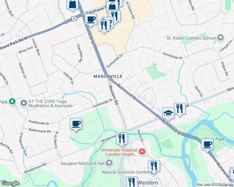 map of restaurants, bars, coffee shops, grocery stores, and more near 1546 Western Road in London