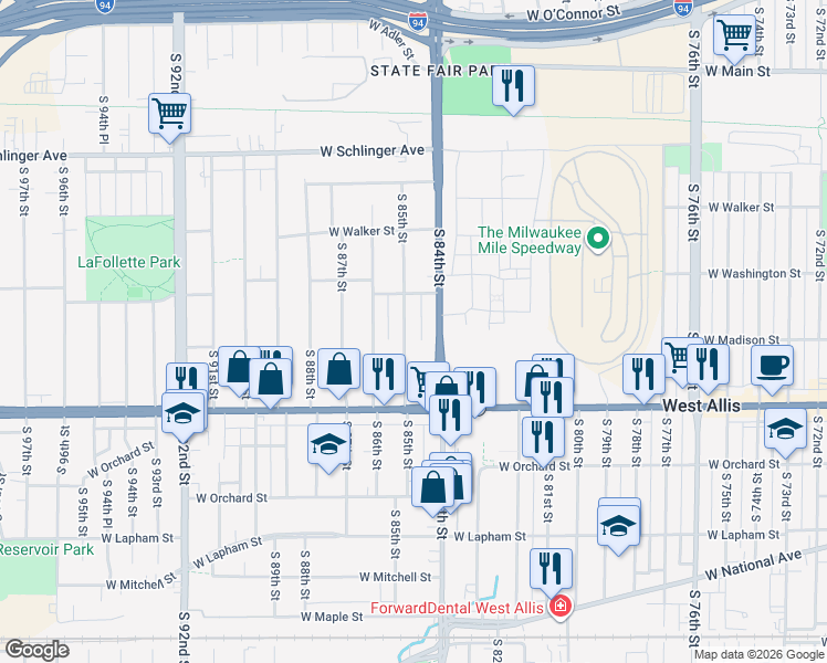 map of restaurants, bars, coffee shops, grocery stores, and more near 1224 South 85th Street in West Allis