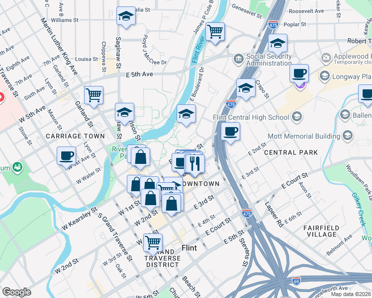 map of restaurants, bars, coffee shops, grocery stores, and more near 415 East Kearsley Street in Flint
