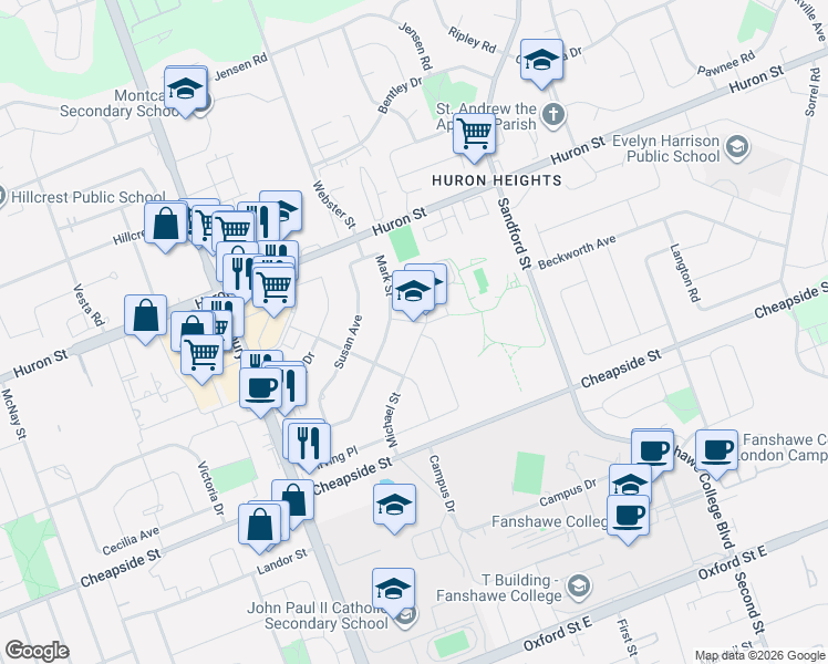 map of restaurants, bars, coffee shops, grocery stores, and more near 1235 Michael Street in London