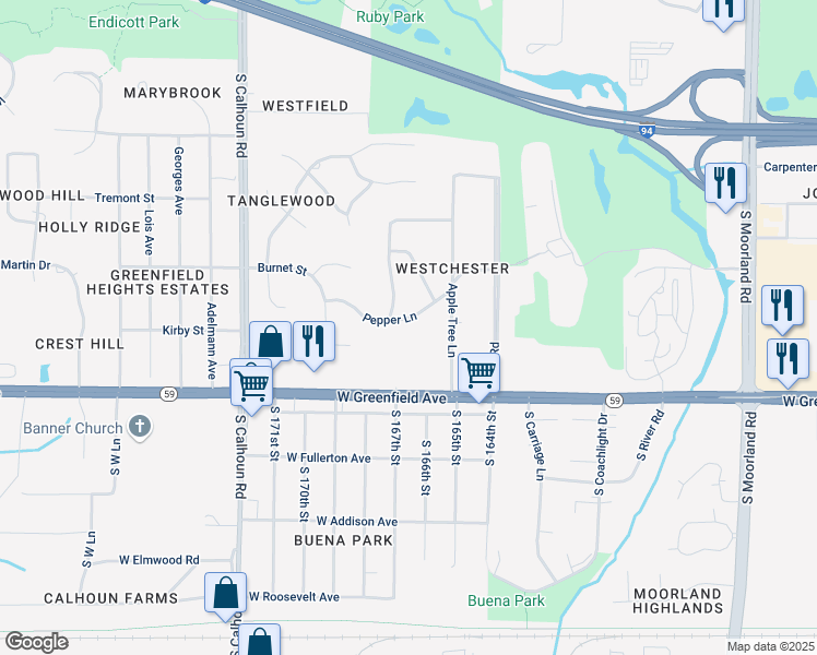 map of restaurants, bars, coffee shops, grocery stores, and more near 16675 Pepper Lane in Brookfield