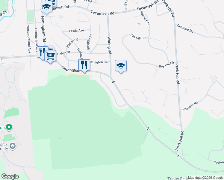 map of restaurants, bars, coffee shops, grocery stores, and more near 17 Drumlins Terrace in Syracuse