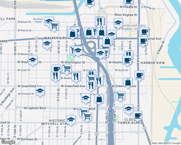map of restaurants, bars, coffee shops, grocery stores, and more near 1228 South 7th Street in Milwaukee