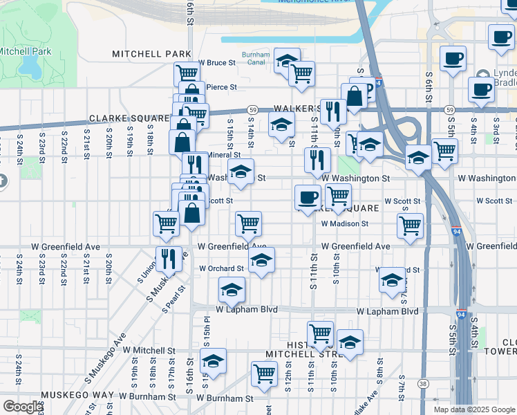 map of restaurants, bars, coffee shops, grocery stores, and more near 1308A West Madison Street in Milwaukee