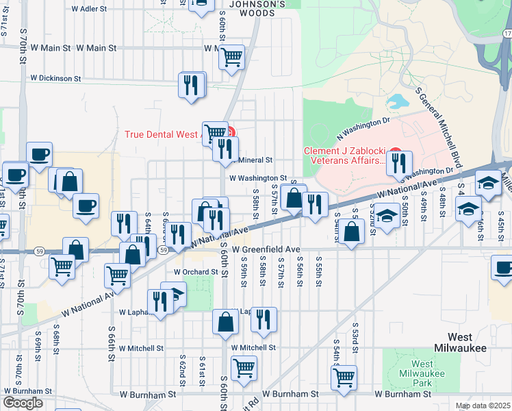 map of restaurants, bars, coffee shops, grocery stores, and more near 1229 South 58th Street in West Allis