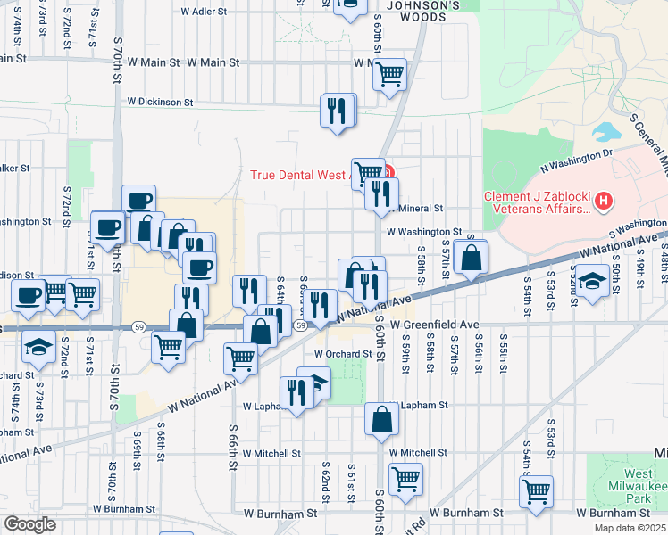 map of restaurants, bars, coffee shops, grocery stores, and more near 1229 South 62nd Street in West Allis