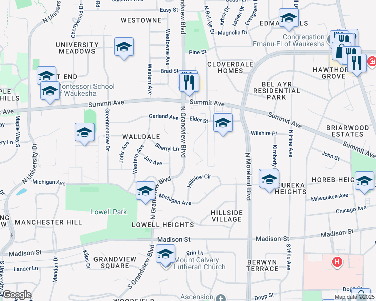 map of restaurants, bars, coffee shops, grocery stores, and more near 339 North Grandview Boulevard in Waukesha
