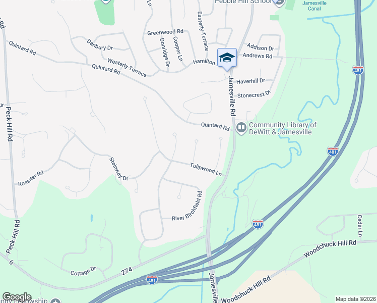 map of restaurants, bars, coffee shops, grocery stores, and more near 6416 Tulipwood Lane in Jamesville