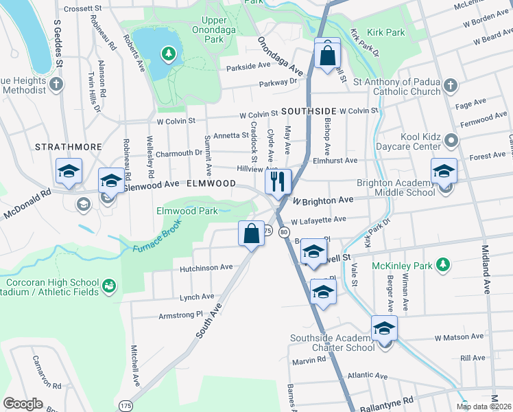 map of restaurants, bars, coffee shops, grocery stores, and more near 110 Elmwood Avenue in Syracuse