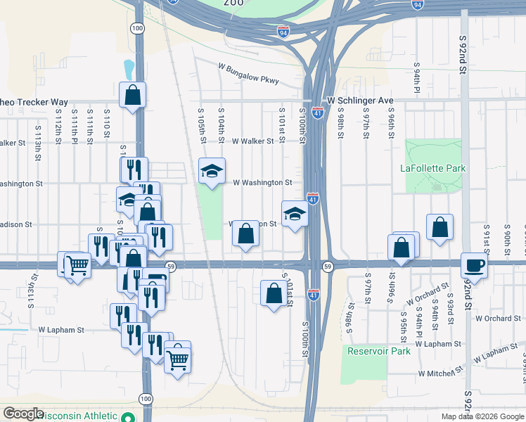 map of restaurants, bars, coffee shops, grocery stores, and more near 1236 S 102nd St in West Allis