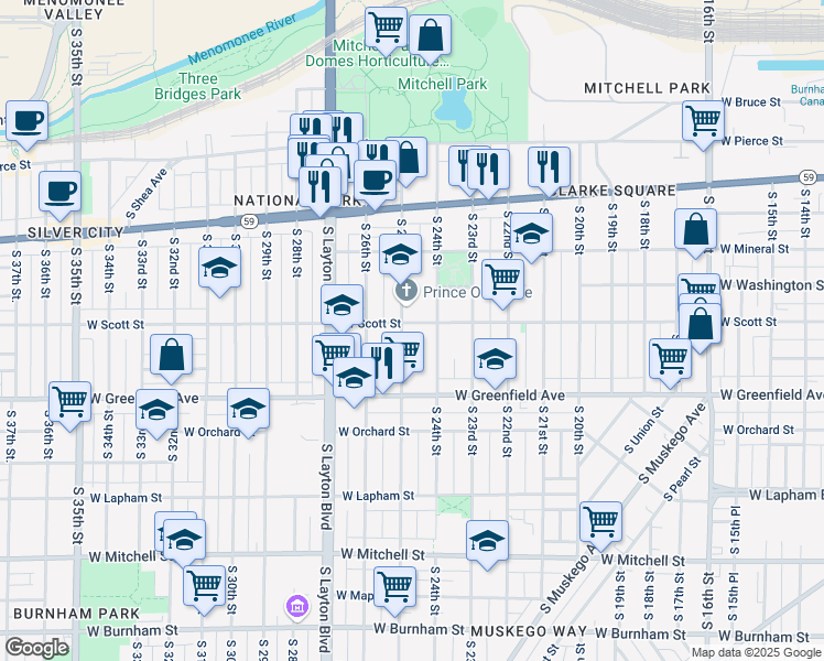 map of restaurants, bars, coffee shops, grocery stores, and more near 1223 South 25th Street in Milwaukee