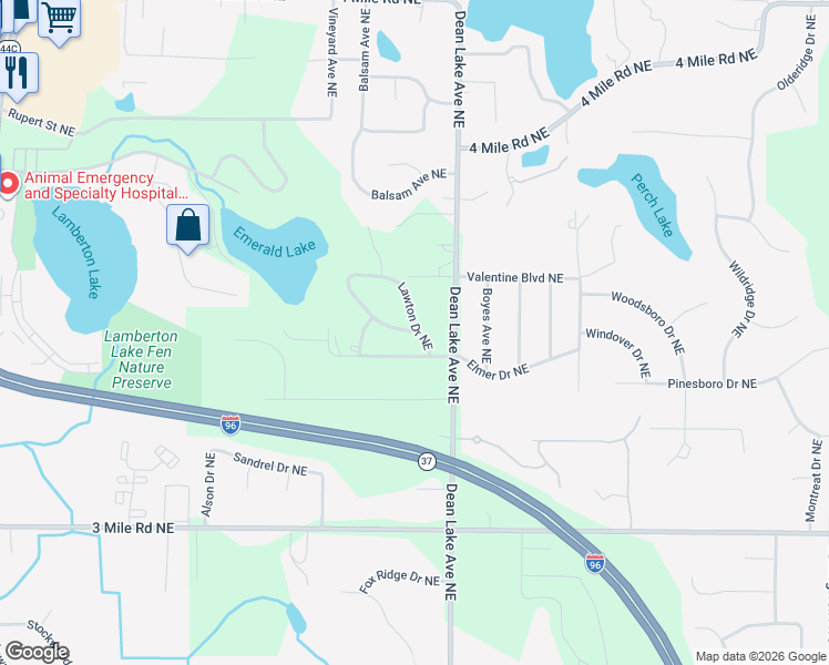 map of restaurants, bars, coffee shops, grocery stores, and more near 2193 Emerald Lake Drive Northeast in Grand Rapids