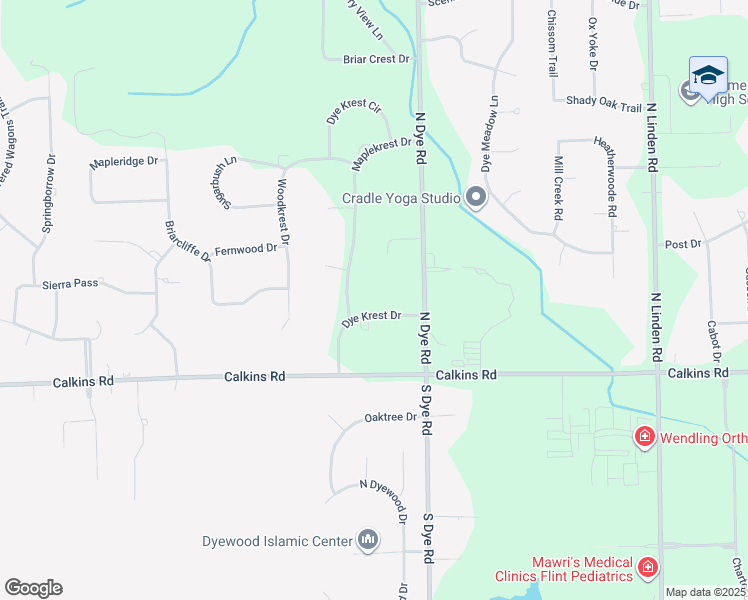 map of restaurants, bars, coffee shops, grocery stores, and more near 1089 Dye Krest Drive in Flint