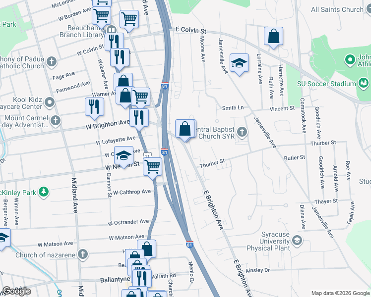 map of restaurants, bars, coffee shops, grocery stores, and more near 348 East Brighton Avenue in Syracuse